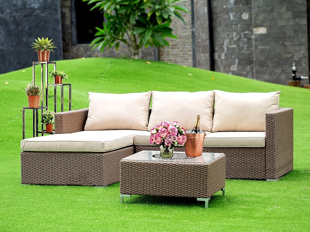 East West Furniture ACL3S02A Ackerly 3 Piece Patio Conversation Outdoor Sectional Sofa Set Contains a Rectangle Glass Top Wicker Coffee Table and Linen Fabric Cushion, 63x87 Inch, Brown