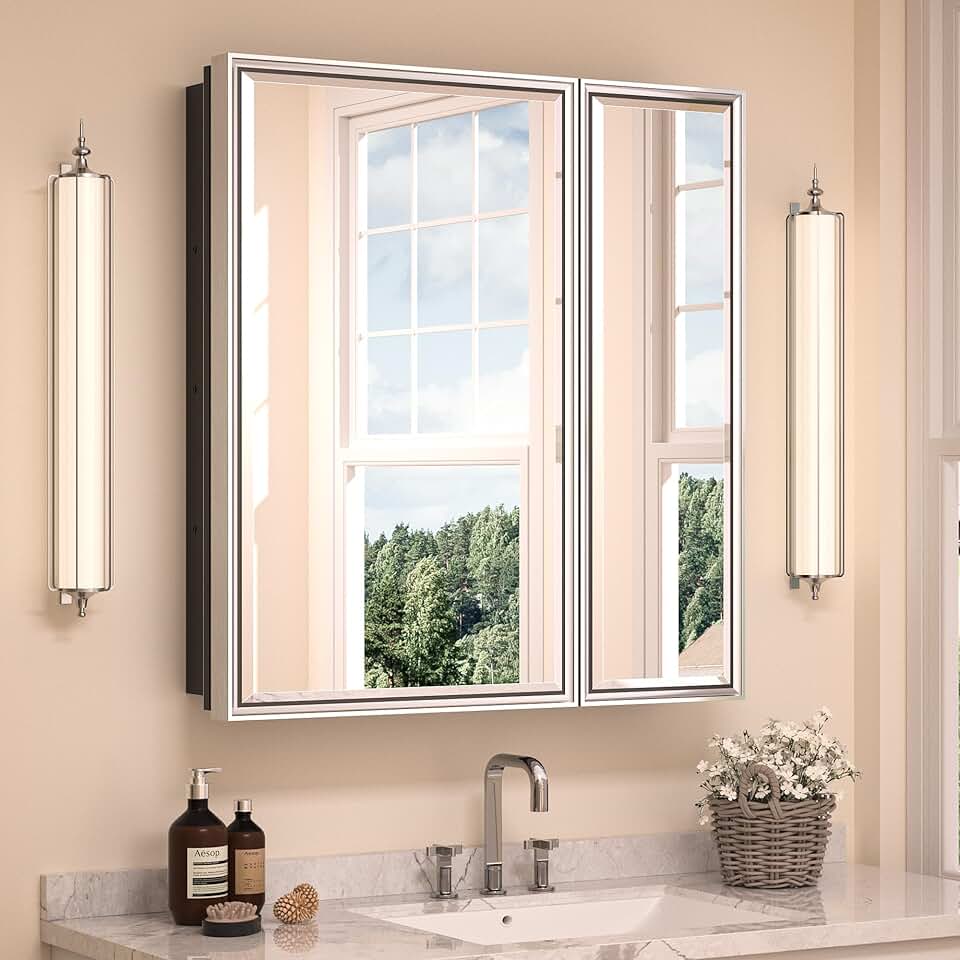 TETOTE Medicine Cabinet Brushed Silver Frame with Mirror for Bathroom 30x32 Inch Aluminum Framed Surface or Recessed Wall-Mounted Medicine Cabinets Beveled Mirror with Storage 2 Door Modern Farmhouse