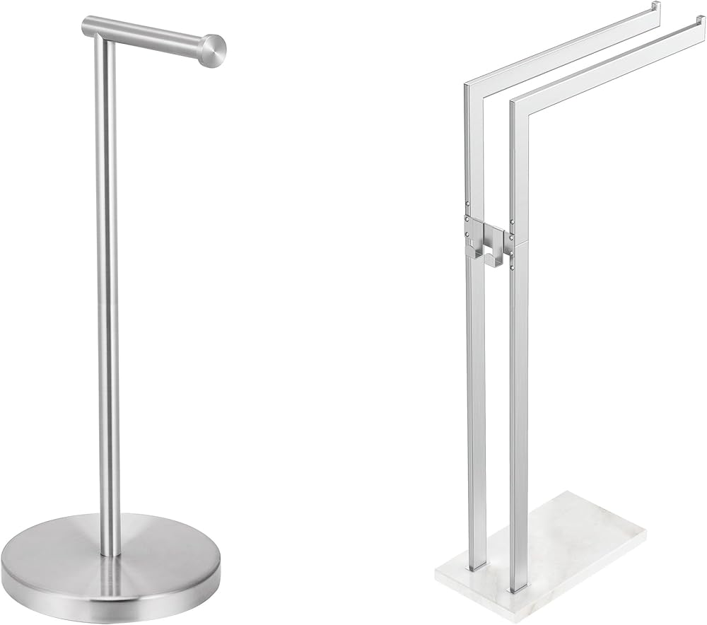 KES Pedestal Lavatory Tissue Roll Holder Floor Stand Modern Brushed Finish Bathroom Towel Rack with Hooks Freestanding, BPH283S1-2+BTH227-2-NEW