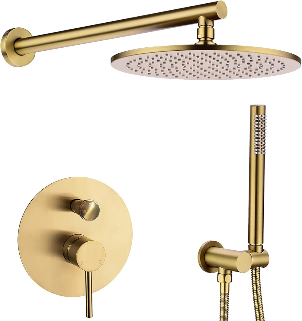 TRUSTMI 12 inch Round Bathroom Luxury Rain Mixer Combo Set Wall Mounted Rainfall Shower Head System Brushed Gold, (Contain Faucet Rough-in Valve Body and Trim)