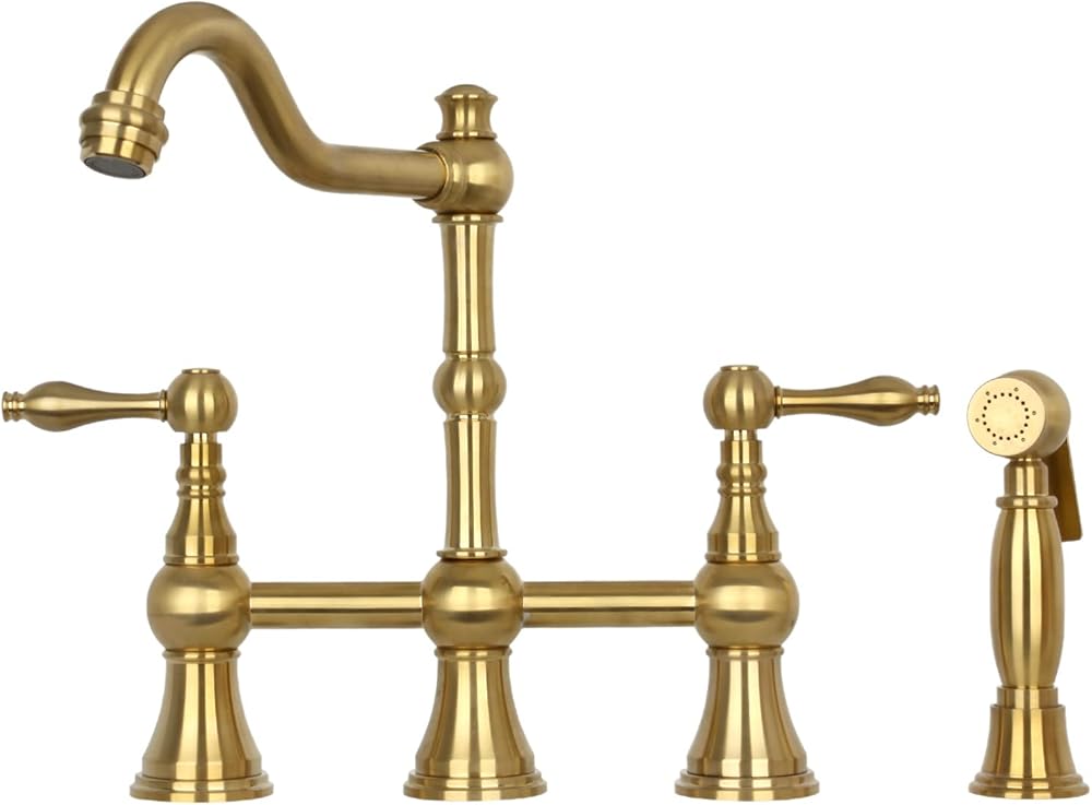 Two-Handles Bridge Kitchen Faucet with Side Sprayer (Brushed Gold)