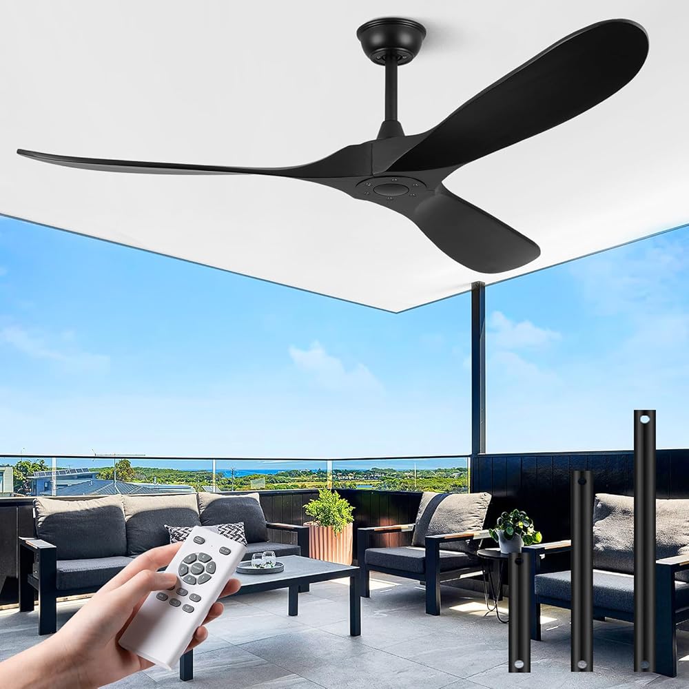 Ceiling Fans without Lights - 60 Inch Ceiling Fan no Light, Black 3 Blade Solid Wood Indoor Outdoor Ceiling Fan with Remote Control for Patios Living Room Bedroom