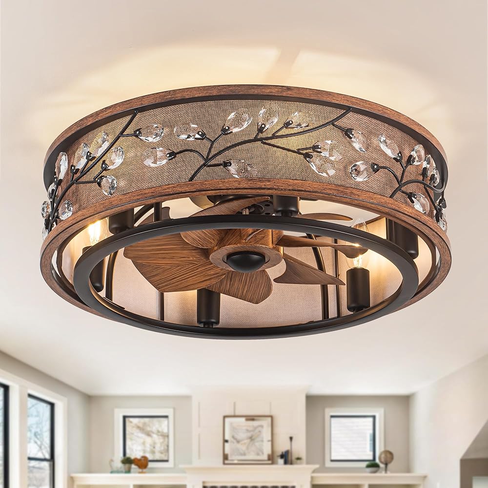 Low Profile Farmhouse Ceiling Fan with Light,20'' Rustic Flush Mount Ceiling Fans with Remote, Modern Caged Crystal Ceiling Fans with Lights,Ceiling Lights Fixture with Fan (6 E12 Bulb Includ)