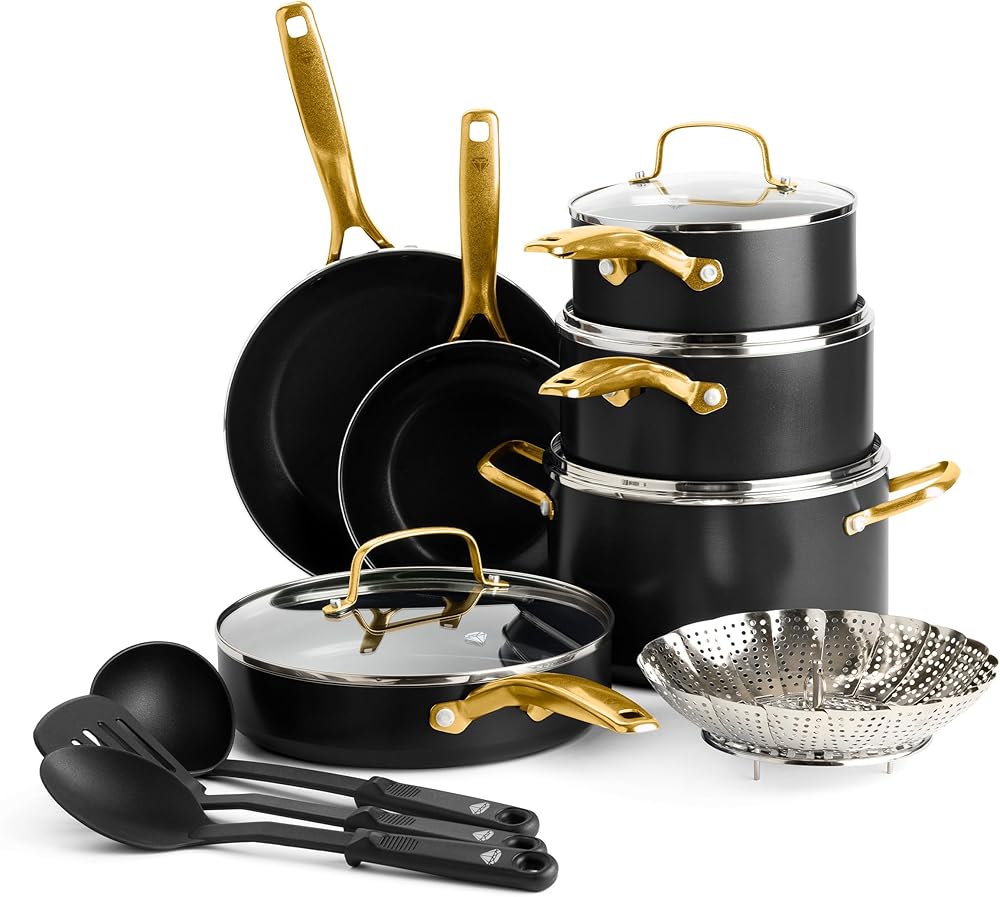 Blue Diamond Gold 14 Piece Cookware Set, Ceramic Nonstick, PFAS Free, PFOA Free, Induction Suitable, Dishwasher Safe, Gold Handle, Black