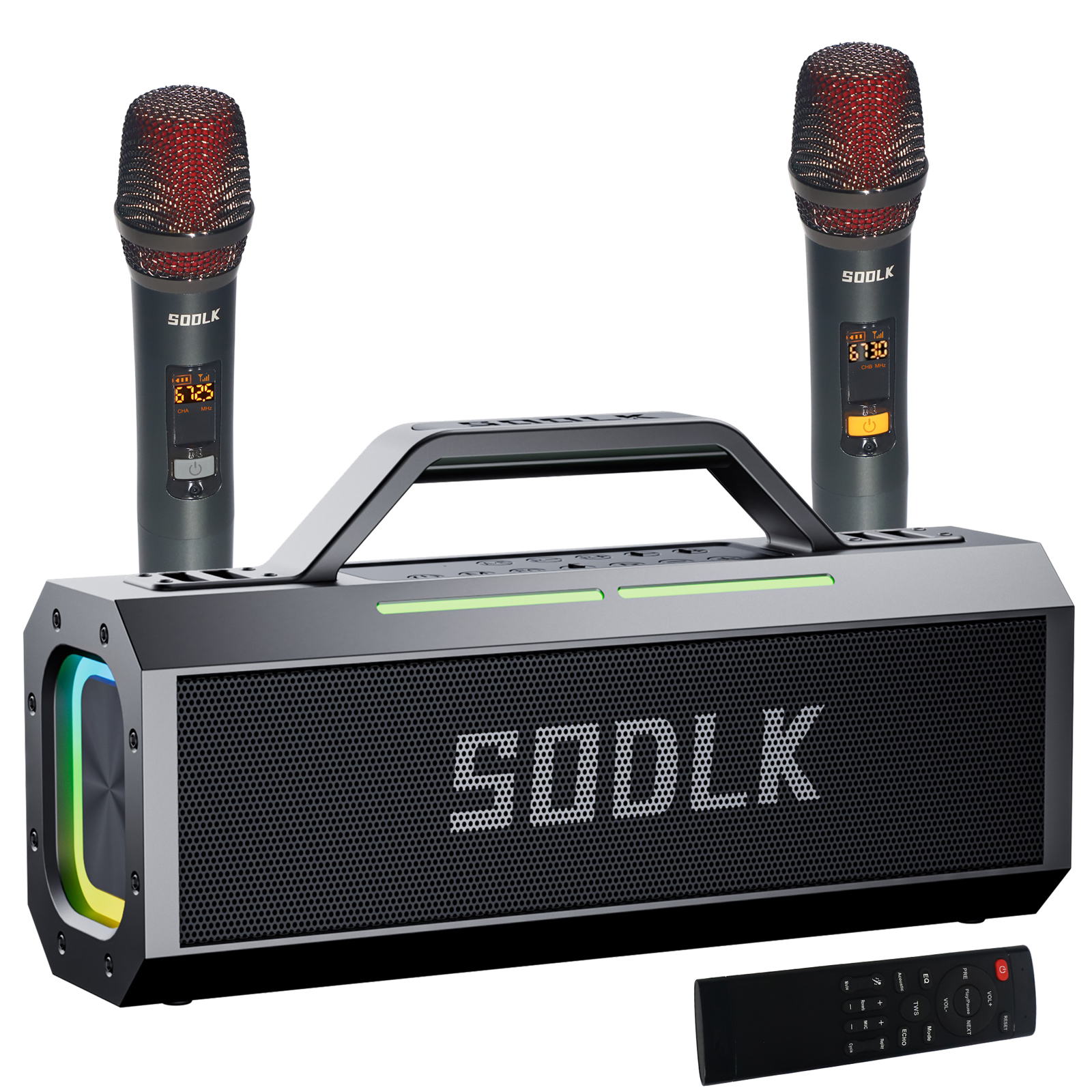Karaoke machine with 2 microphones, portable karaoke system, Bluetooth wireless speakers, karaoke set with shoulder straps, good sound quality, suitable for adult and child family gatherings, black