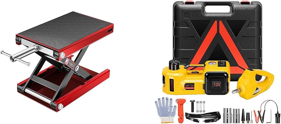 VIVOHOME Steel Motorcycle ATV Wide Deck Scissor Lift Jack Crank Hoist Stand 1100 lbs with VIVOHOME Electric Car Jack 5 Ton 12V, 4 in 1 Hydraulic Floor Jack 6.1