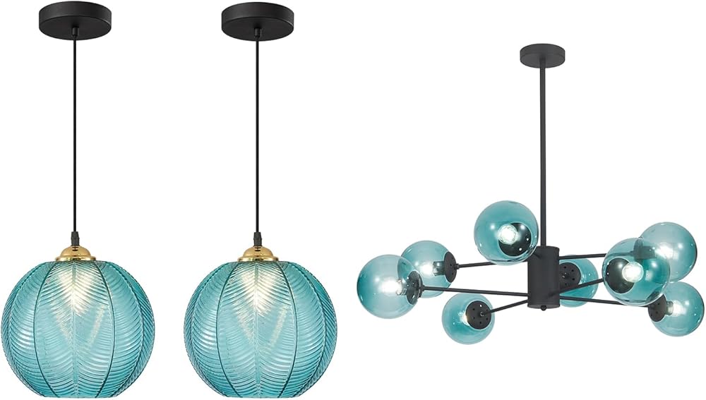 KCO Lighting Mid Century Modern Blue Glass Pendant Light Large Globe Kitchen Island Dining Pendant Lights Black Round Ceiling Hanging Lighting Fixture
