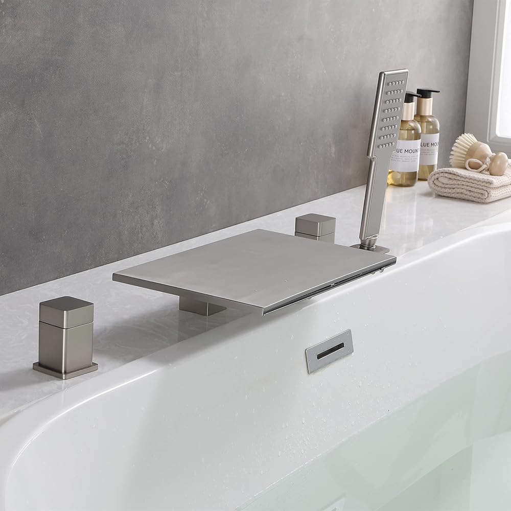 VANFOXLE Waterfall Bathtub Faucet set with Hand Shower, Roman Tub Faucets Deck Mount Brushed Nickel Tub Faucet set Brass Tub Filler Bathroom Faucets with Hand Shower