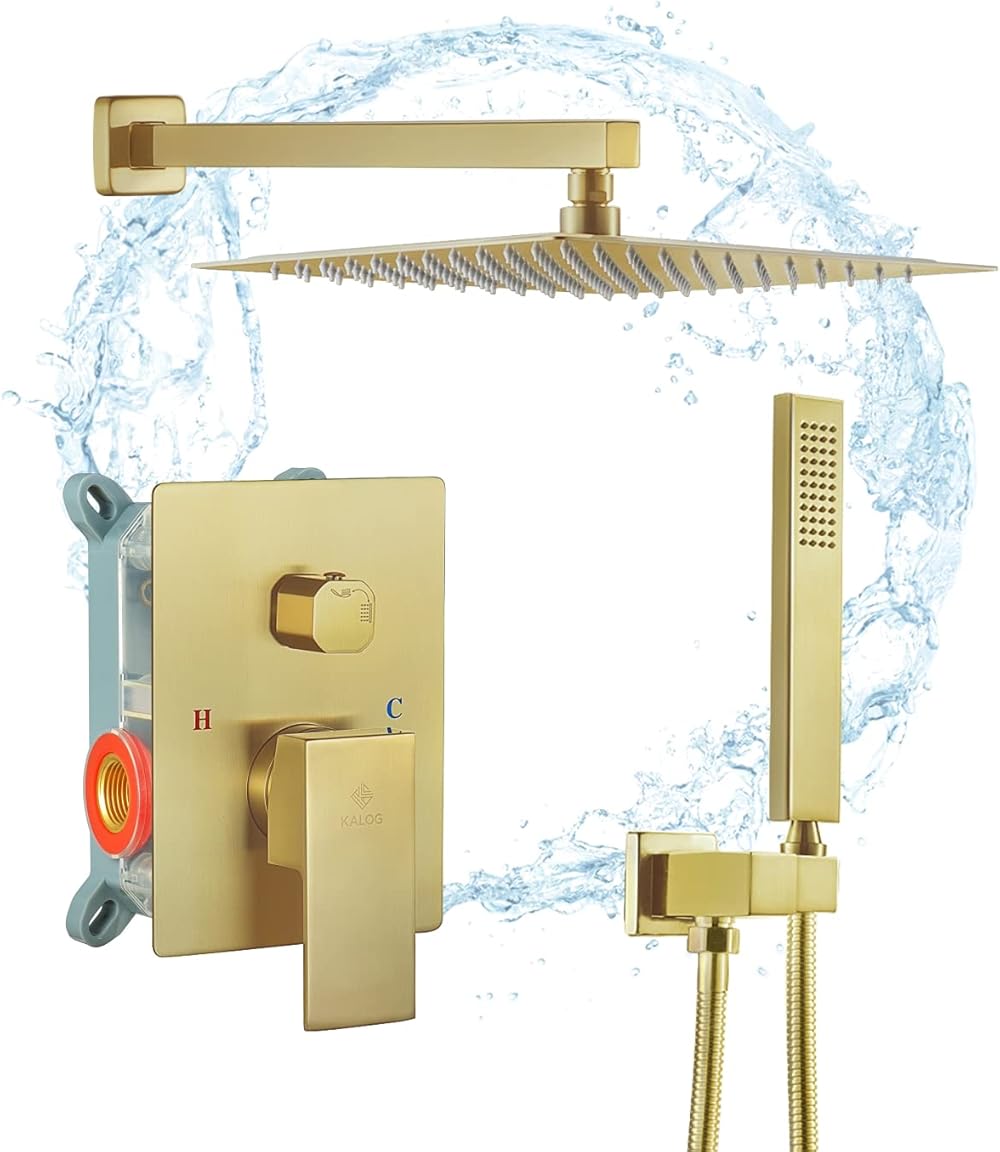 Rain Mixer Shower System with Jets, Brass Bathroom Shower Faucet Set with Rain Shower Head (Brushed Gold 12