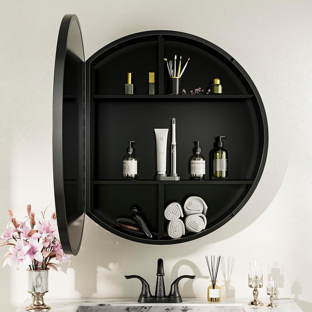 Keonjinn 26 in Round Black Medicine Cabinets for Bathroom with Mirror, Surface Mount Metal Frame Medicine Cabinet, Farmhouse Bathroom Cabinet with Circle Wall Mounted Vanity Mirror Detachable Shelves