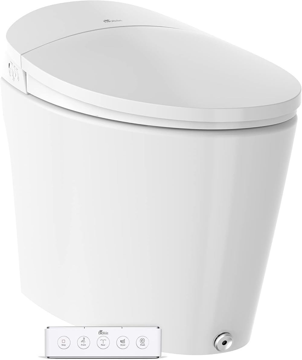 Bio Bidet Discovery DLX Elongated One-Piece Smart Toilet with Bidet Built-In, Auto Open and Close Lid, Foot Sensor Auto Flush, Instant Warm Water, Heated Seat and Dryer