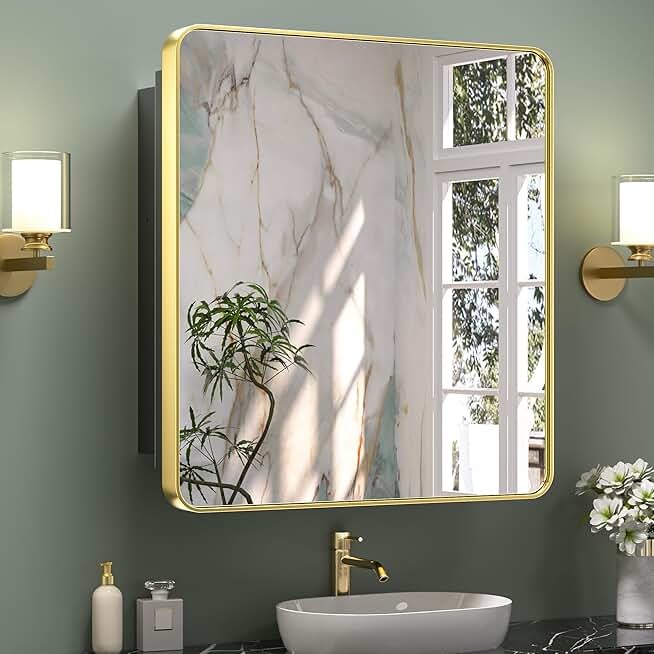 Keonjinn 30 x 32 Inch Medicine Cabinets for Bathroom with Mirror Adjustable Shelves Stainless Steel Framed Single Door Modern Farmhouse Metal Recessed Wall Mounted Gold Bathroom Storage Cabinets