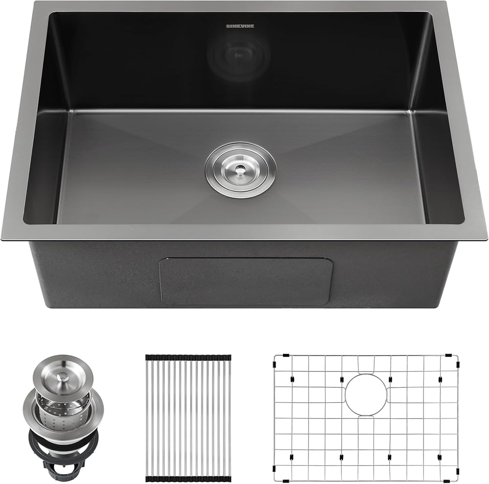 Black Kitchen Sink Undermount 25 x 18 inch, PVD Nano Stainless Steel Handmade Kitchen Sink Single Bowl with 3.5-inch Drain Strainer, Bottom Grid Protector, Roll-up Drying Unit, Dark Grey
