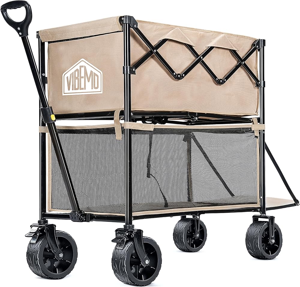 Wagon Cart, 400L Foldable Double Decker Wagon, 450lbs Heavy Duty Garden Cart, Extra-Long Extender, Large Capacity, All Terr ain Big Wheels Collapsible Wagon for Camping, Sports, Shopping
