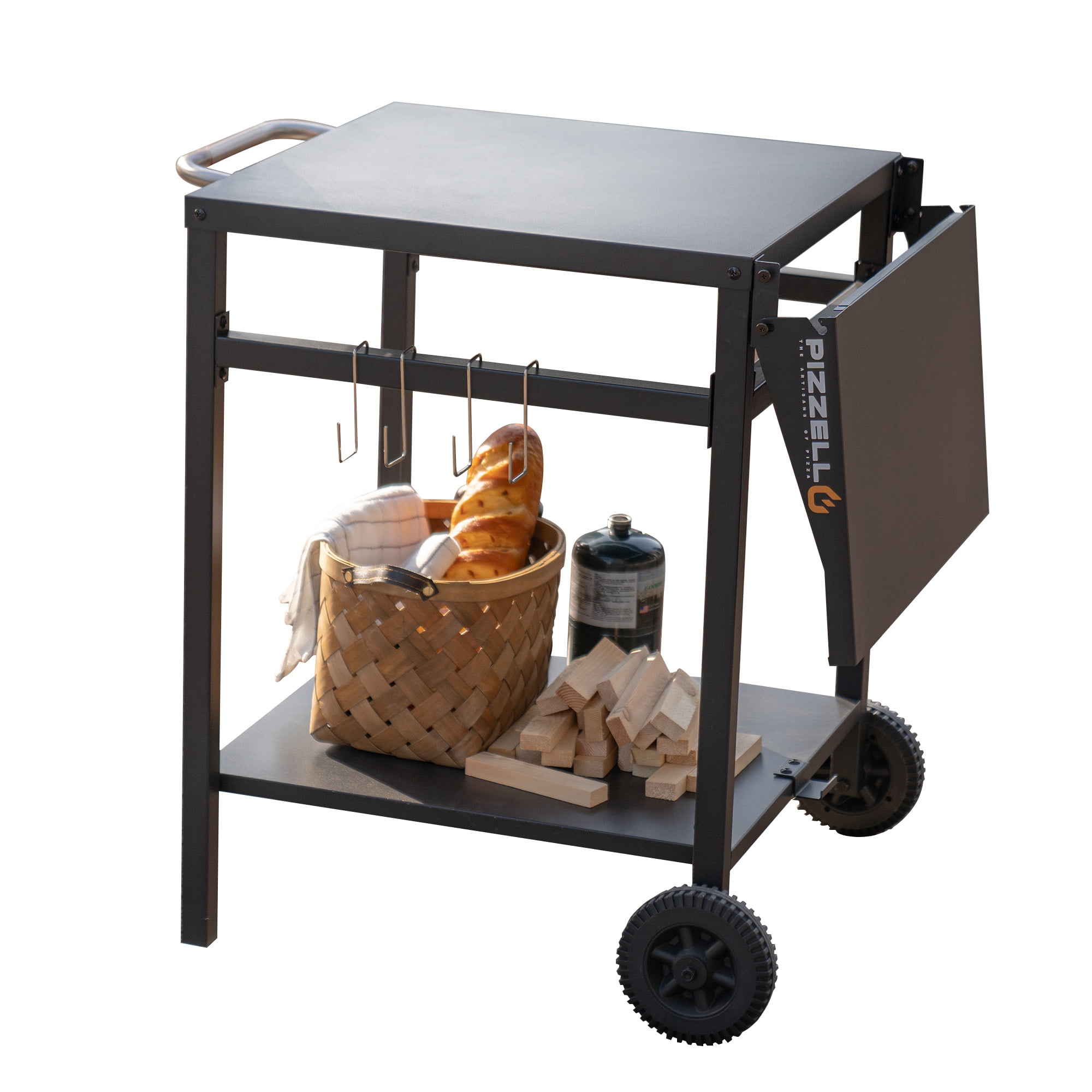 Pizzello Outdoor Grill Pizza Oven Food Prep Bbq Cart Stand Table with Storage Wheels Expandable Countertop, Black