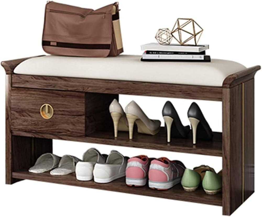 Shoe Storage Bench Entryway Hallway Furniture, Entryway Shoe Bench Rack Retro Double-layer Solid Wood, Shoe Replacement Stool with Leather Soft Cushion(90 * 30 * 45cm)