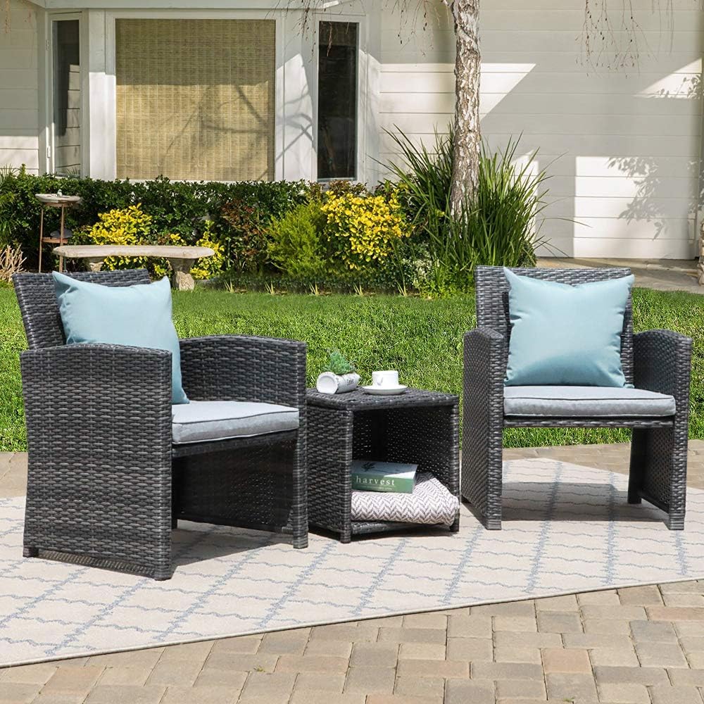 Zanzio Patio Furniture Set, 3 Pieces Porch Backyard Garden Outdoor Furniture Rattan Chairs and Table Wicker Conversation Set with Gray Cushions