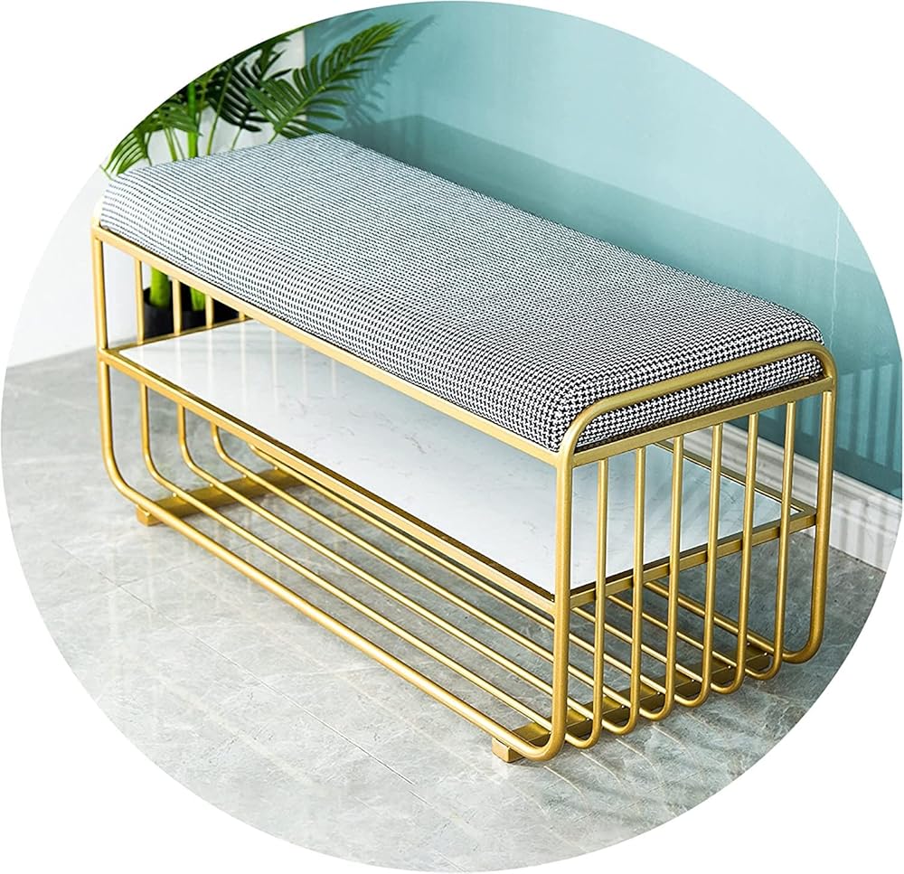 Shoe Storage Bench Entryway Hallway Furniture, Shoe Stool Storage, Entryway Shoe Bench Rack Simple Home Frame, Creative Shoe Replacement Stool with Linen/PU Cushion(Gold,60 * 40 * 47cm)