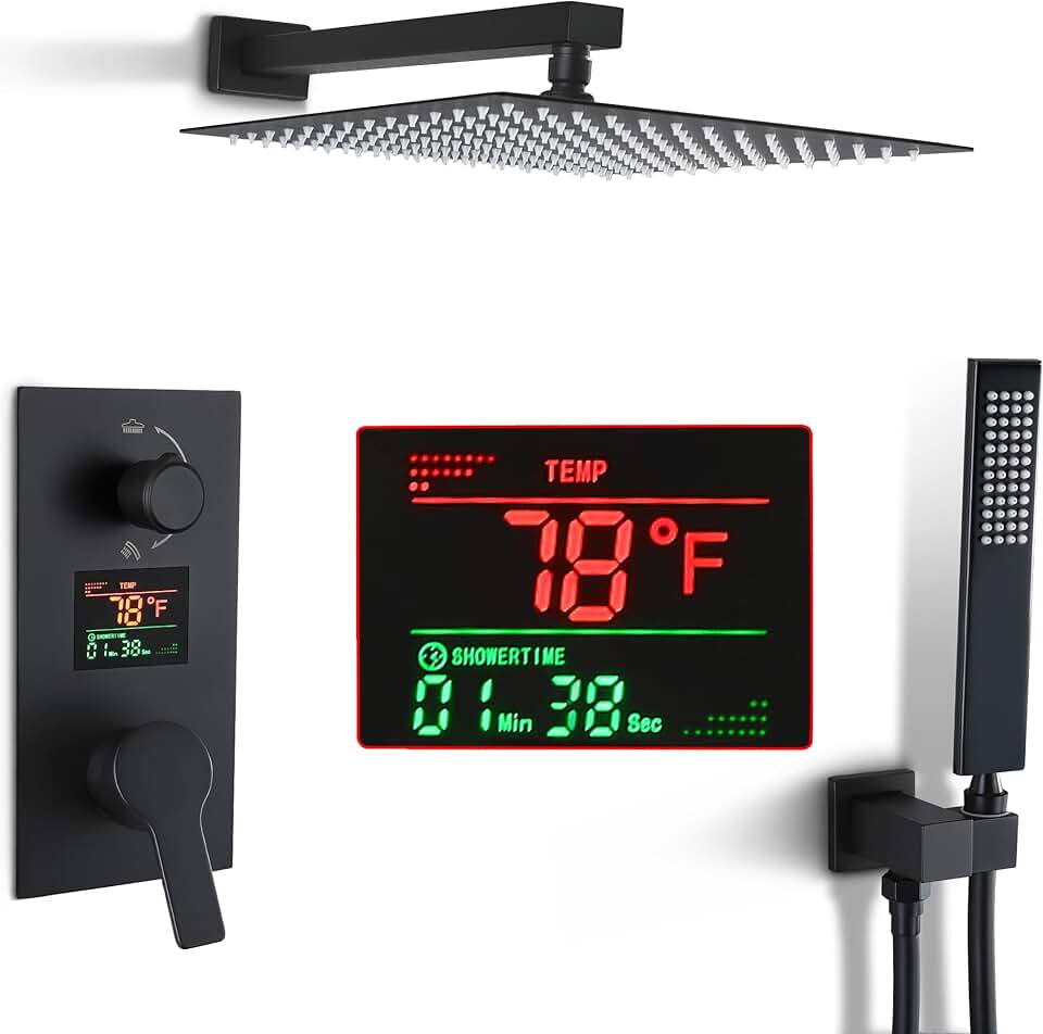 SKWOLL Matte Black Shower Faucet Set Rain Shower Head Digital Shower System 12 Inch Wall Mount Shower Head with 2 Function LCD Display Valve Kit