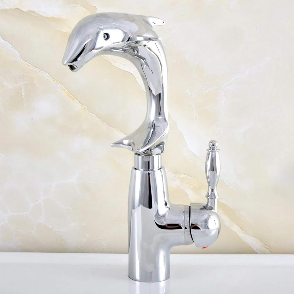 Polished Chrome Brass Swivel Spout Single Handle Cute Animal Dolphin Bathroom Kitchen Sink Faucet Mixer Tap