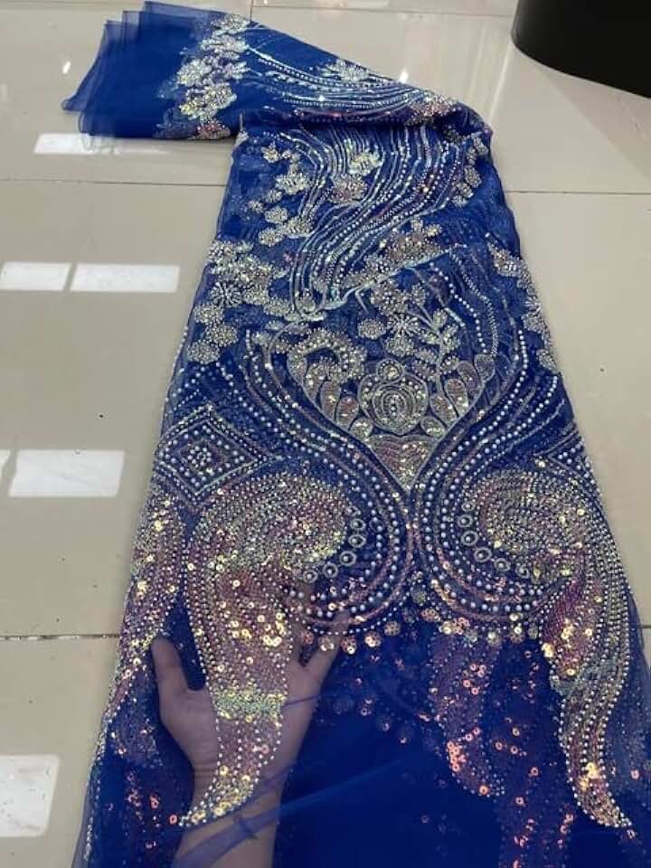 MARHAFABRIC 5 Yards Swiss Blue Popular Style Fabric African Hand Made Luxury Sequins Beaded Tulle Lace for Bride Wedding Material Lace Fabric for Bridal Wedding Prom Evening Dress