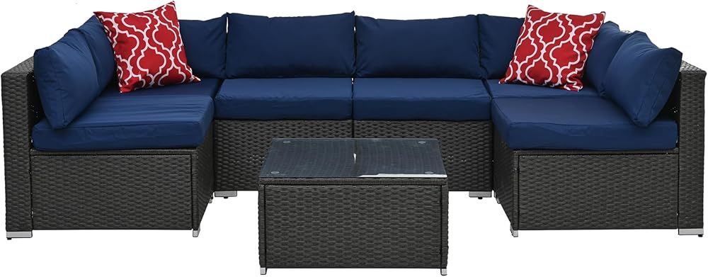 7 Piece Patio, Outdoor Furniture Sectional Sofa Rattan Wicker Conversation Set with Coffee Table and Water-resistant Cushion for Backyard Porch Balcony, B-Dark Gray d