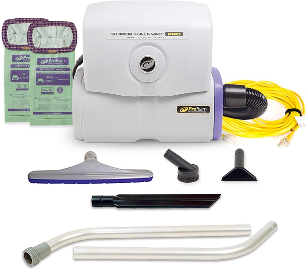 ProTeam Super HalfVac Pro Hip Vacuum, Shoulder Vacuum, Portable Vacuum Cleaner with HEPA Media Filtration and Xover Multi-Surface 2-Piece Wand Tool Kit, 6 Quart, Corded