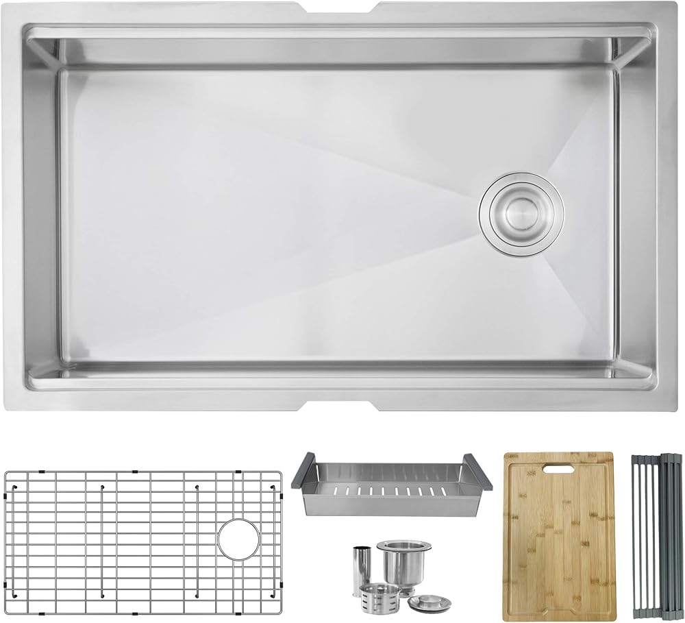 STYLISH 33 inch x 19 inch Single Bowl Undermount 16G Reversible Kitchen Ledge Workstation Sink with Grid, Luxury Basket Strainer, Drying Rack, Colander and Bamboo Cutting Board, S-613W
