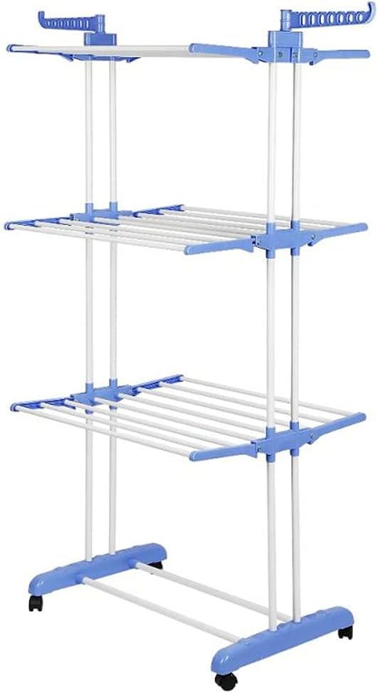 6-layer Adjustable Rolling Clothes Rack Coat Rack Floor Hanger Storage Closet Clothing Drying Foldable Clothes Hanger (Color : Blue)