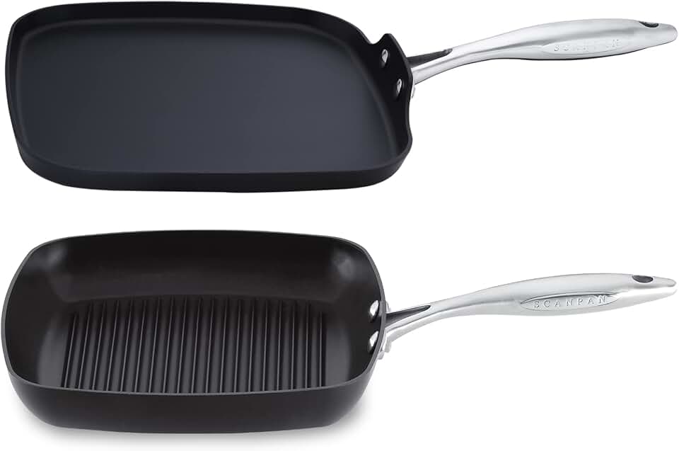 Scanpan Professional 10.5” Square Grill Pan & 11” Griddle - Easy-to-Use Nonstick Cookware - Dishwasher, Metal Utensil & Oven Safe - Made in Denmark