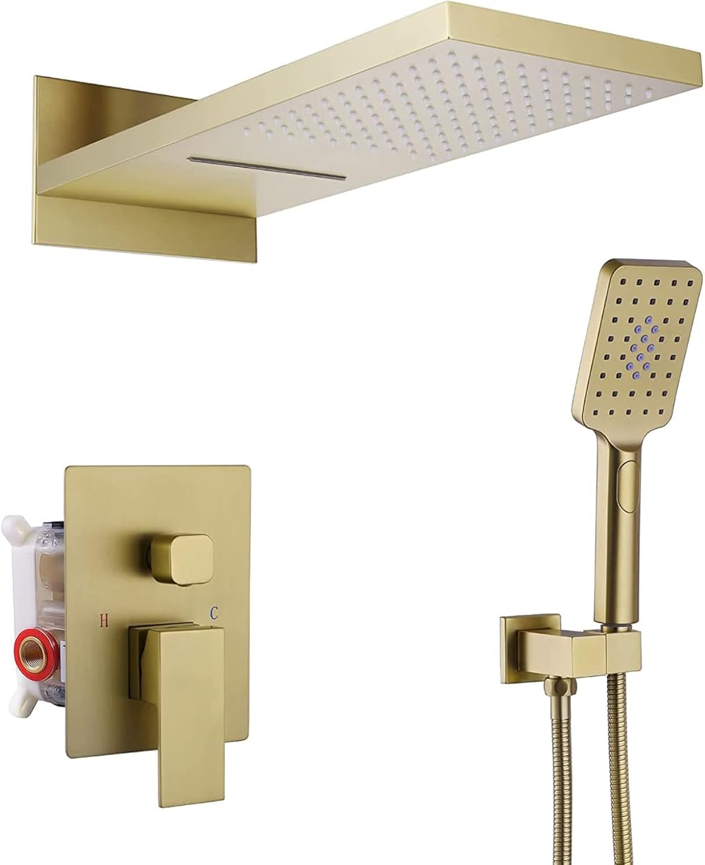 TapLong Brushed Gold Shower System with Rectangular 3-function Rainfall Waterfall Shower Head and Handheld Shower Wand, Wall Mounted Shower Faucet Combo Set with Rough-in Valve body and Trim, 93061BG