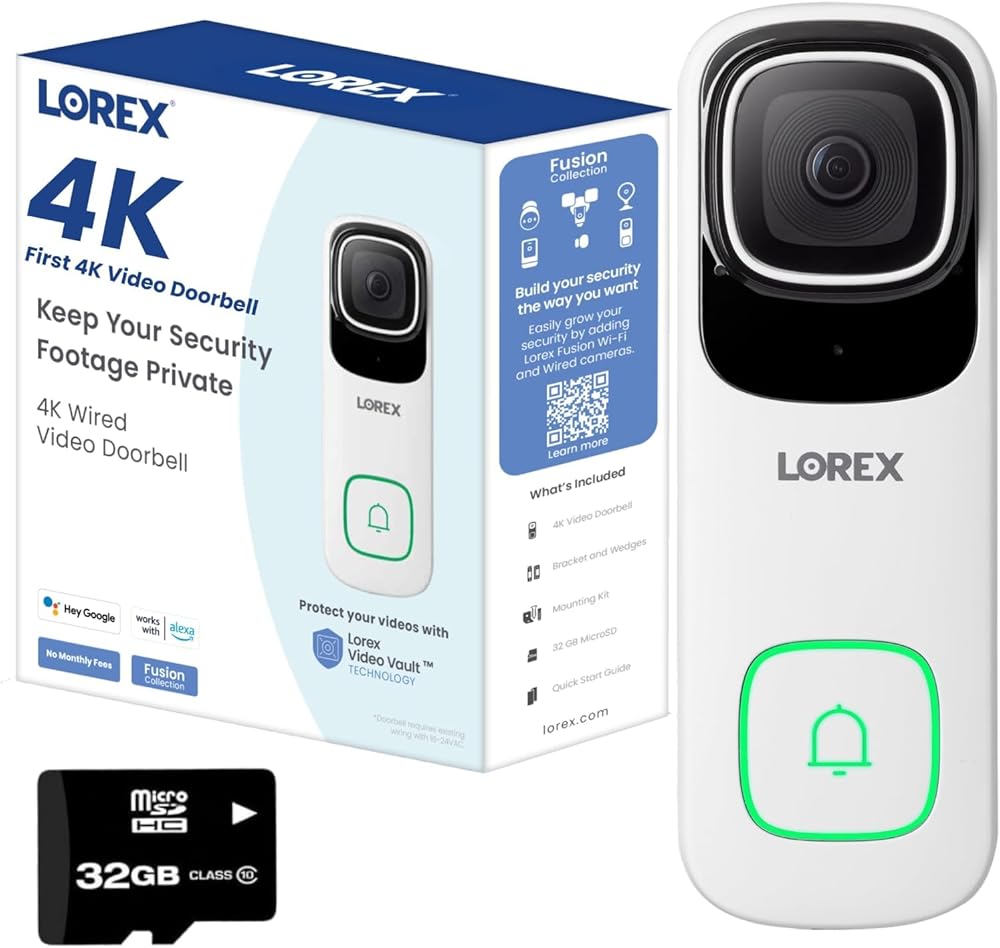 Lorex 4K Wired WiFi Smart Video Doorbell Camera w/No Subscription Fee - Night Vision, Motion Detection, Requires Existing Wiring (White)
