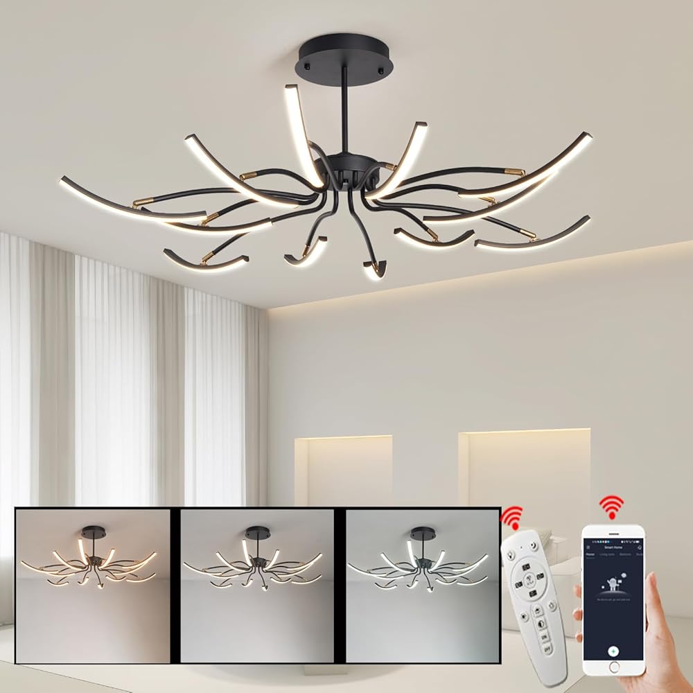 Black DIY Chandeliers Modern Chandelier Pendant Lighting LED Fixture Remote Control Dimmable 12-Lights Industrial chendelier for Living Room,Kitchen,Study Room
