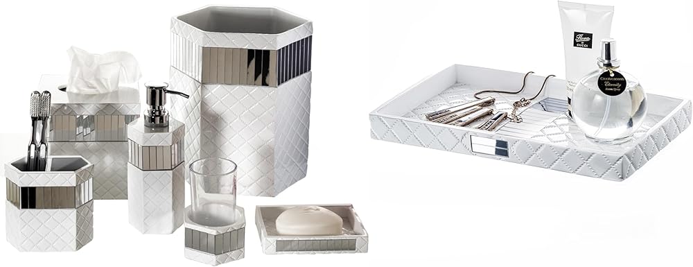 Creative Scents White Bathroom Accessories Set - Decorative 7 Piece Bathroom Set Includes: Trash Can, Tissue Cover, Vanity Tray, Soap Dispenser, Toothbrush Holder, Tumbler & Soap Dish (Quilted Mirror)
