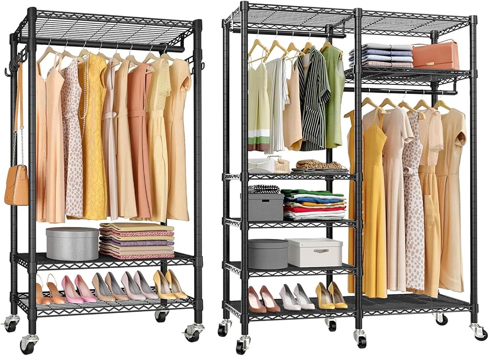 VIPEK R1 & R4 Bundle, Heavy Duty Rolling Garment Rack with Adjustable Wire Shelves Clothes Rack with Hanging Rods and Side Hooks, Freestanding Wardrobe Storage Rack Metal Clothing Rack, Black