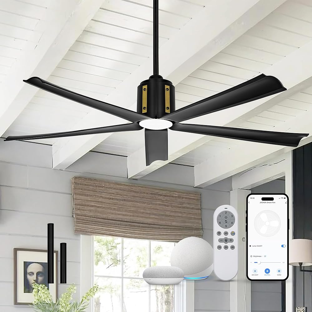 Smart 60 Inch Ceiling Fan, Black Ceiling Fans with Lights and Remote, Quiet DC Motor, Voice Control with 2.4G WiFi, Modern Indoor Ceiling Fans with Light for Bedroom Patio, CF02-BK