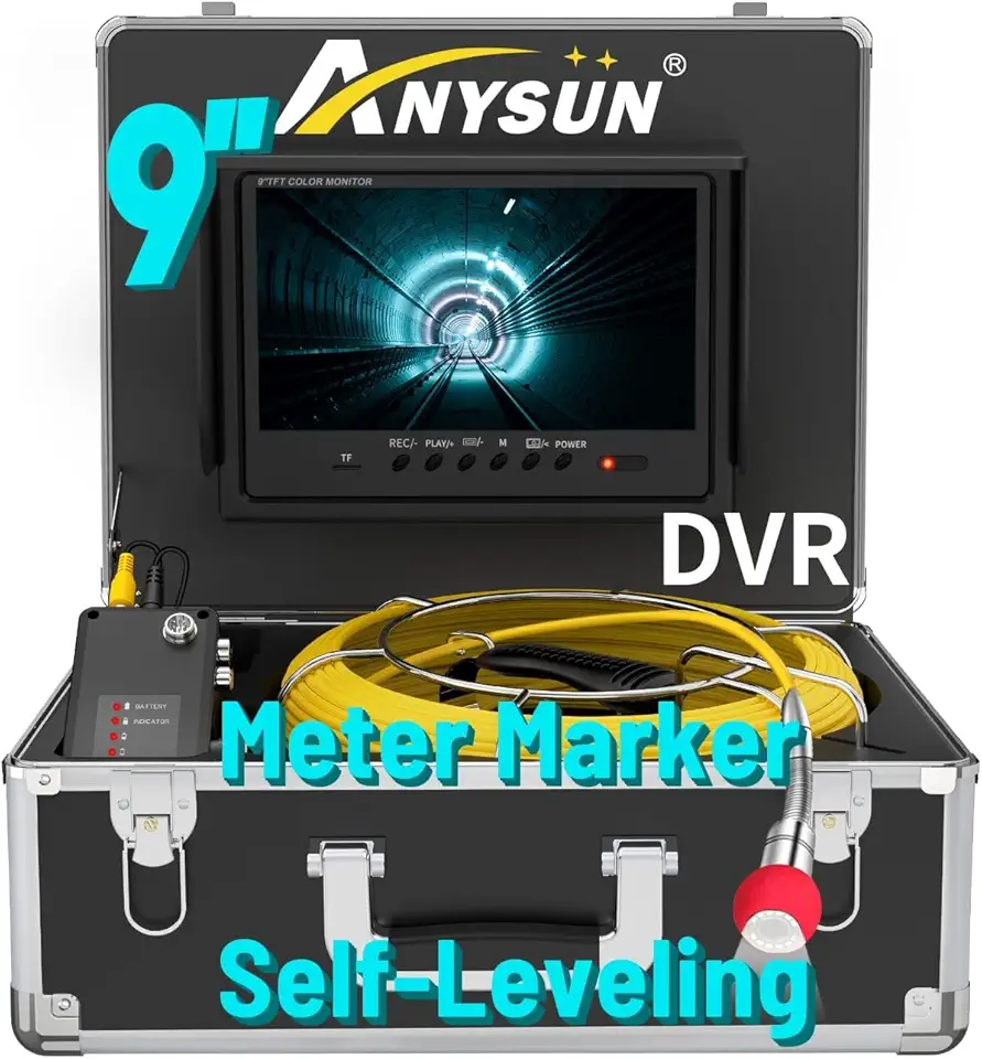 Sewer Camera Self Leveling, Anysun Sewer Inspection Camera 165ft with Meter Marker, 9'' Monitor and DVR, Plumbing Pipe Camera with 12 Lights, Drain Sewer Camera for Plumber, Homeowner(16GB Card)