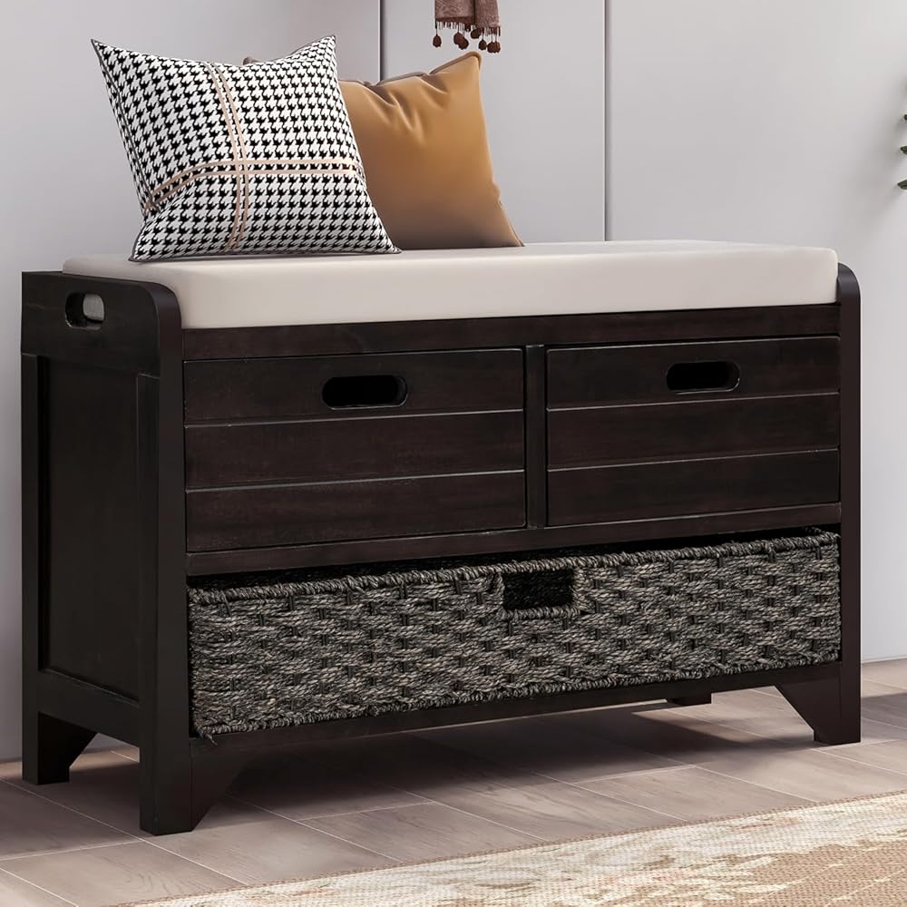 Entryway Bench with Storage,Wood Storage Bench with 2 Drawers 1 Removable Baskets and Cushion,Fully Assembled,for Living Room, Bedroom, Hallway, Mudroom(Espresso)