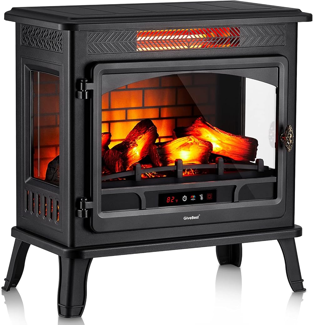 Electric Fireplace Infrared Heater 3D Freestanding Fireplace Stove Heater with Remote Control, Timer, Adjustable Flame Effect, Upgraded Safety Protection 24