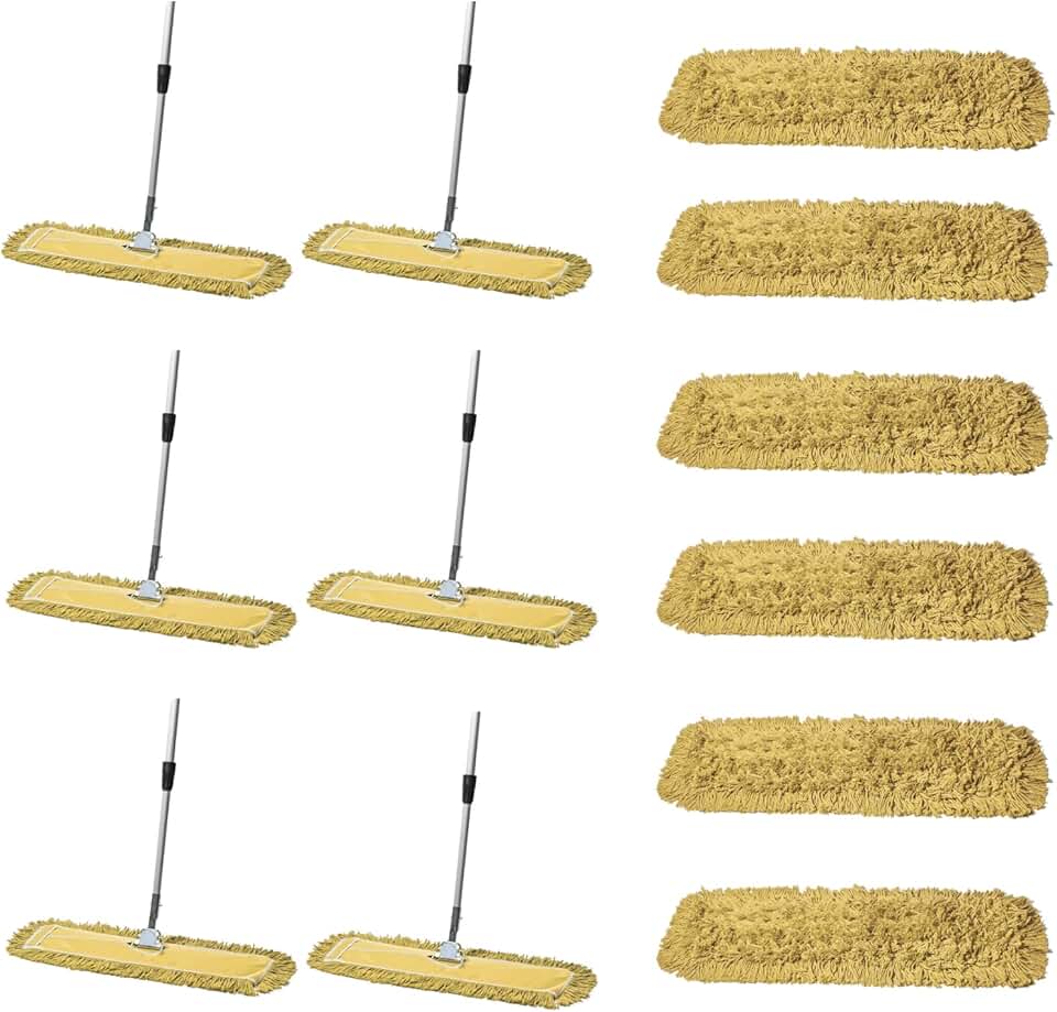 24 Inch Yellow Dust Mop with Metal Handle and 24 Inch Dust Mop Refill Bundle - 6 Mop Sets and 6 Refills