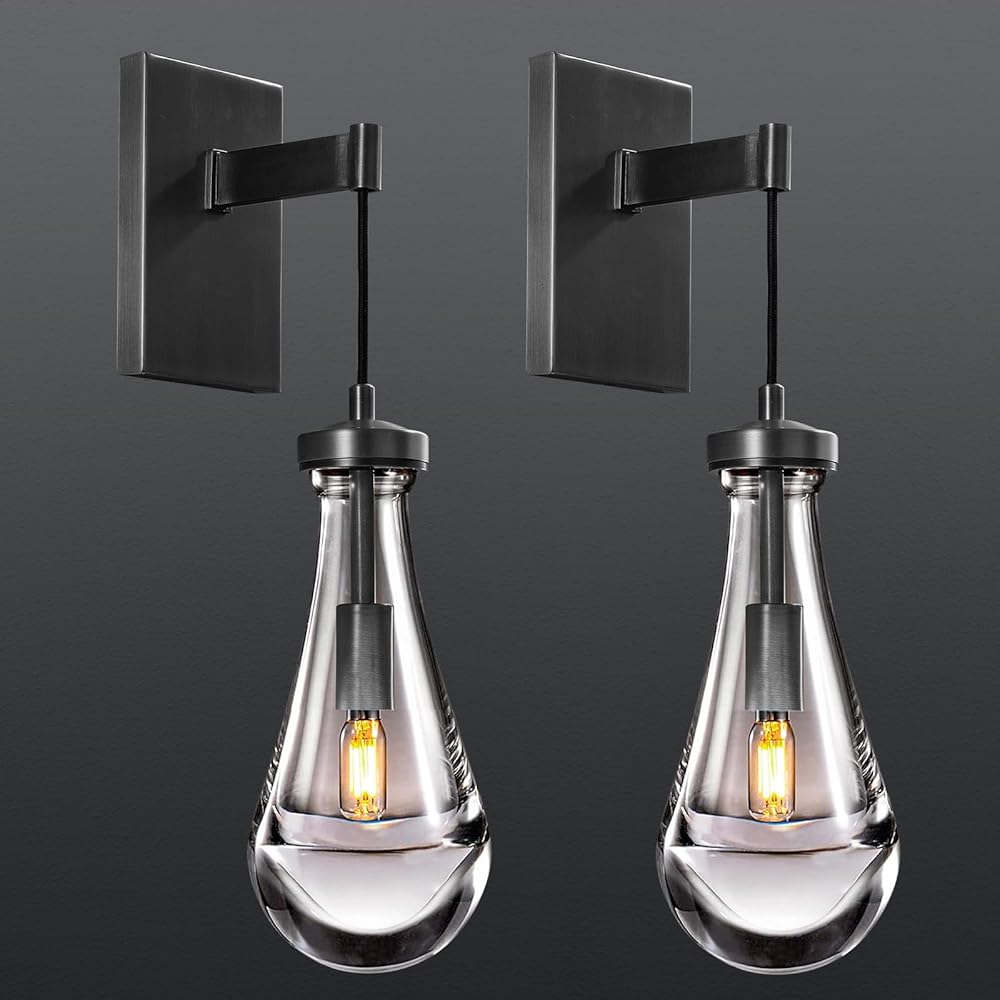 Black Wall Sconces set of 2,Modern Raindrop Bedroom Bedside Wall Light, Brass Indoor Vanity Light Fixtures for Bathroom ,Raindrop Wall Lamp with Hand Solid Glass Perfect for Bedroom, Living Room