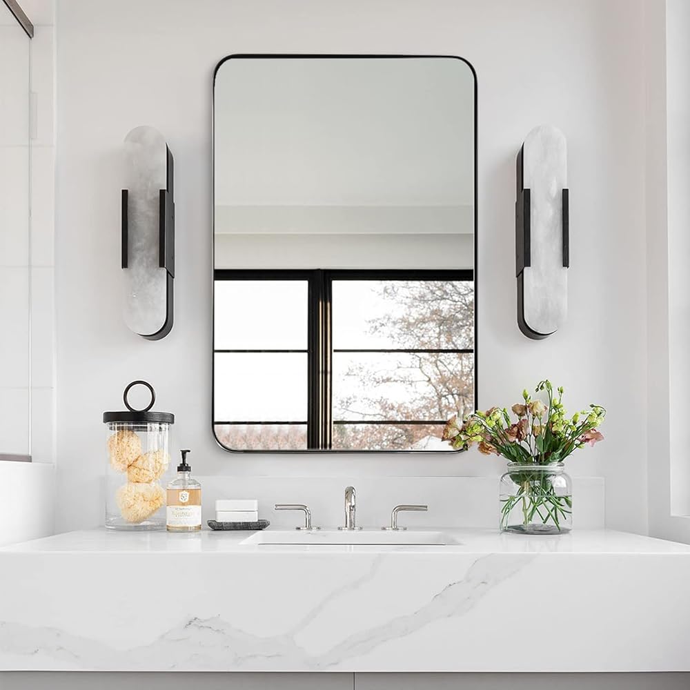 ANDY STAR Wall Mirror Brushed Nickel for Bathroom, 24x36x1 Rounded Rectangle Mirror with Stainless Steel Silver Metal Frame, Modern Bathroom Vanity Mirror
