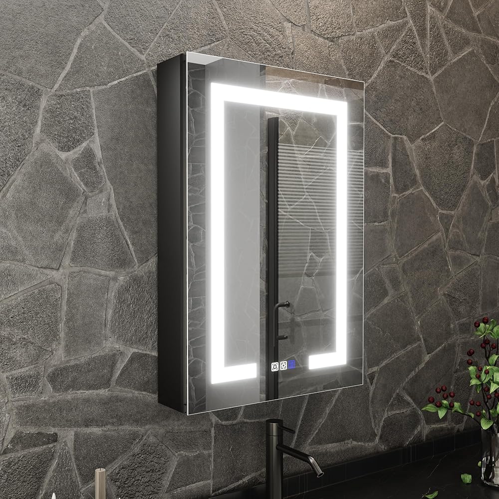 Lighted Medicine Cabinet 20 x 30 Inch, LED Medicine Cabinet Recessed or Surface Mount, Defog, Stepless Dimming,Color Temper 3000K-6400K,Interior LED Lighting, Black Frame,Right Hinge