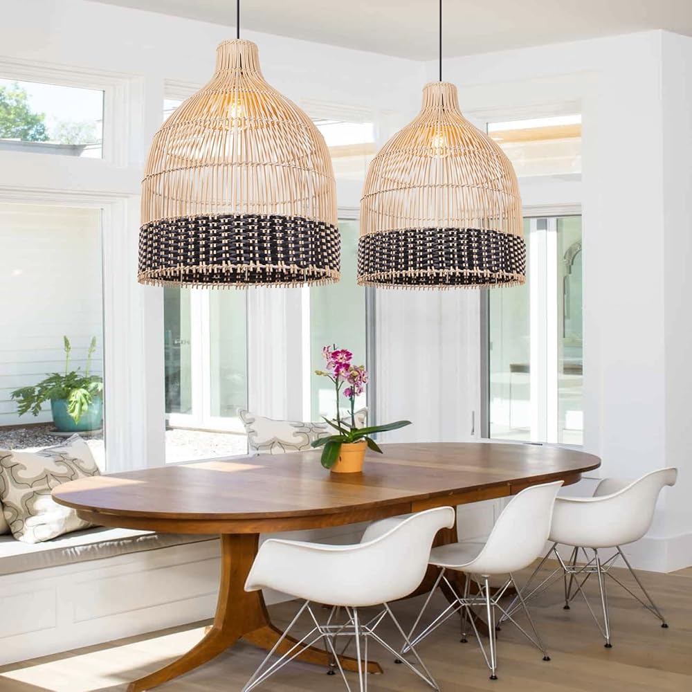 Arturesthome Rattan Pendant Light for Kitchen Island, Wicker Hanging Ceiling Lights Chandelier, Handmade Woven Lampshade for Living Room Bedroom