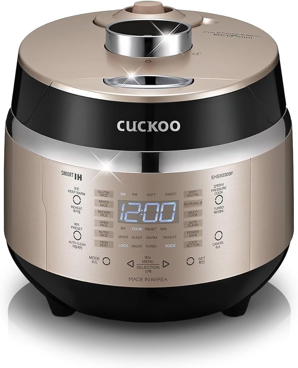 CUCKOO CRP-EHSS0309FG | 3-Cup (Uncooked) Induction Heating Pressure Rice Cooker | 15 Menu Options, Auto-Clean, Voice Guide, Made in Korea | Gold