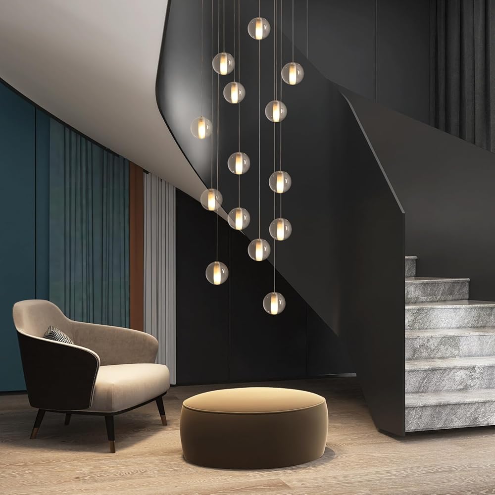 Modern Staircase Chandelier Crystal Pendant Light Raindrop Long Chandeliers Round High Ceiling Light for Living Room Stair Entryway Hallway Foyer(14-Lights, Gold Canopy H119)