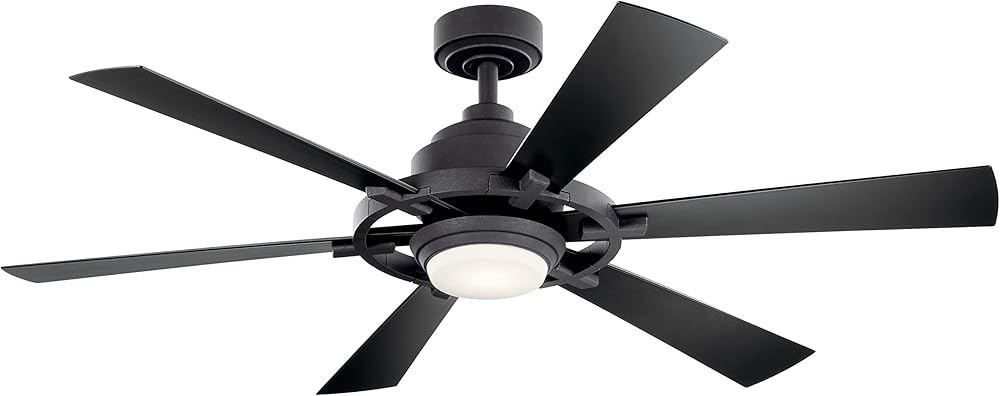 Kichler 52 inch Gentry Lite LED Ceiling Fan and Etched Cased Opal Glass in Distressed Black with Walnut Blades