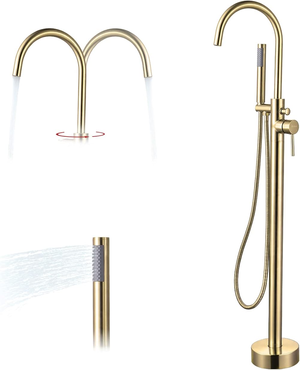 Freestanding Bathtub Faucet Brushed Gold Floor Mount Tub Filler with Single Handle, Free Standing Tub Faucet with Swivel Tub Spout, Modern Tub Shower Faucet with Hand Shower 59〞 Shower Hose JIAENLEMA