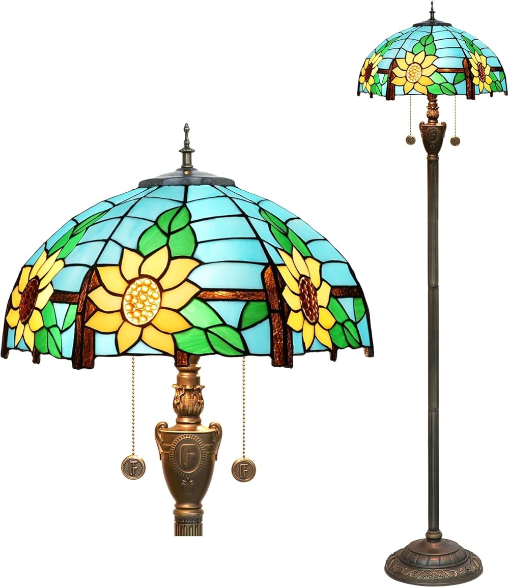 Tiffany Floor Lamp Blue Yellow Sunflowers Stained Glass lamps for Living Room Bedroom Office Lighting Rustic Corner Deco Standing Tall Vintage Kids Aesthetic Mediterranean Style Lamp