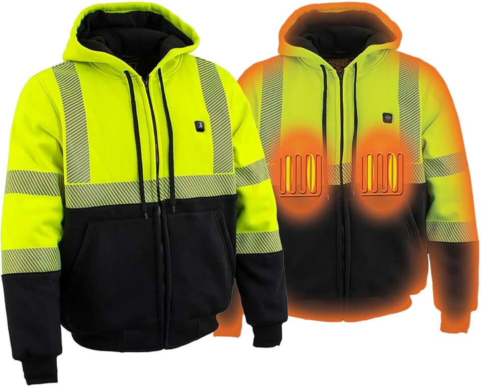 Nexgen Heat NXM1773SET Men's Heated High Visibility Work Hoodie, Neon Green Hi Vis Reflective Hoodie w/Battery
